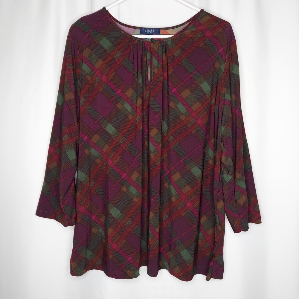 Chaps Top Womens 3X Colorful Plaid Stretch Knit 3/4 Gathered Keyhole Scoop Neck